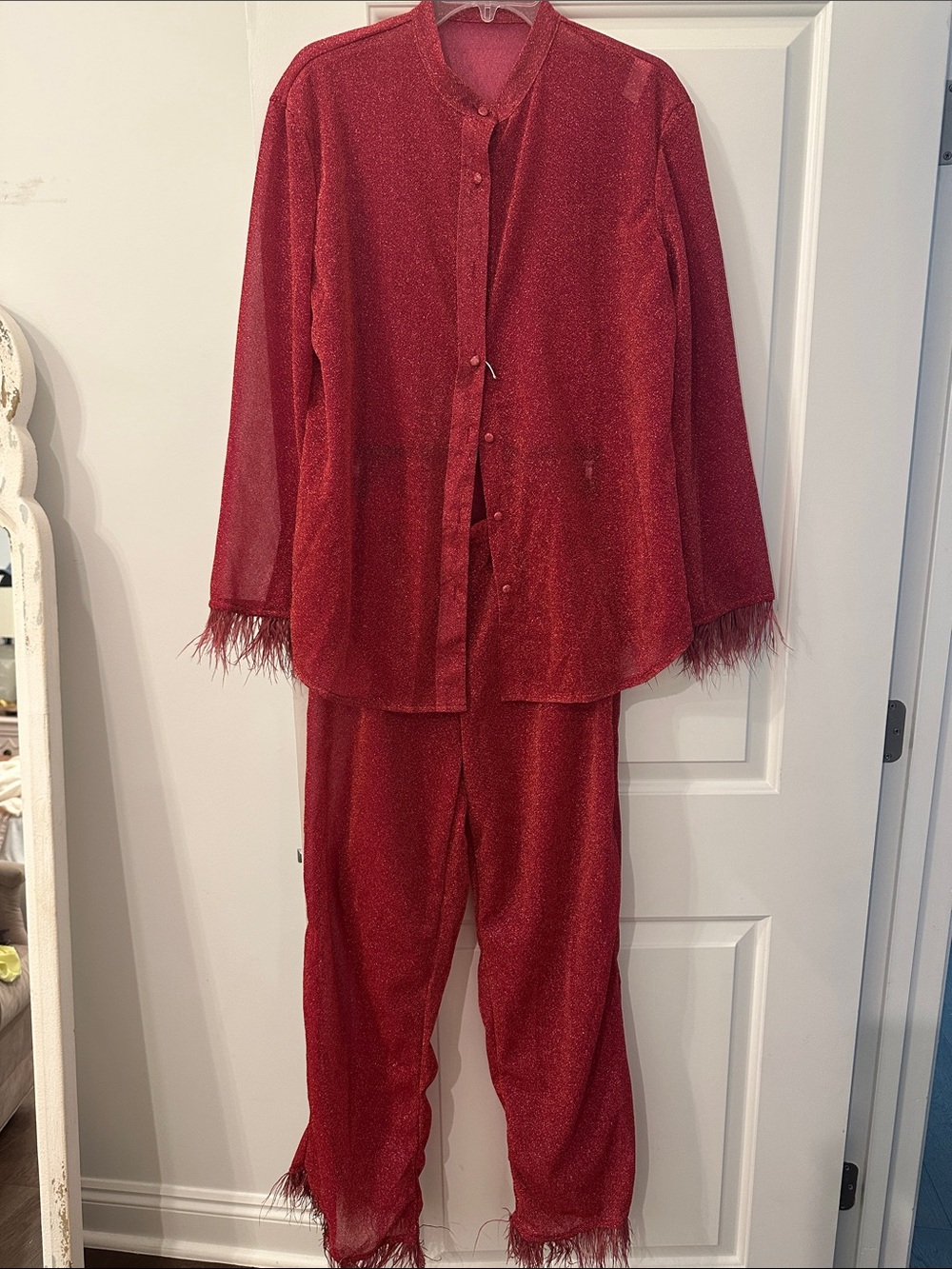 Red Sparkle Pajama Set with Feather Trim